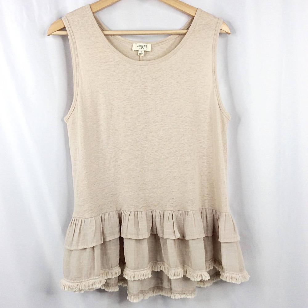 Umgee Ruffle Hem Tank Top Women's Size‎ Small Beige Linen Blend Boho Fringe